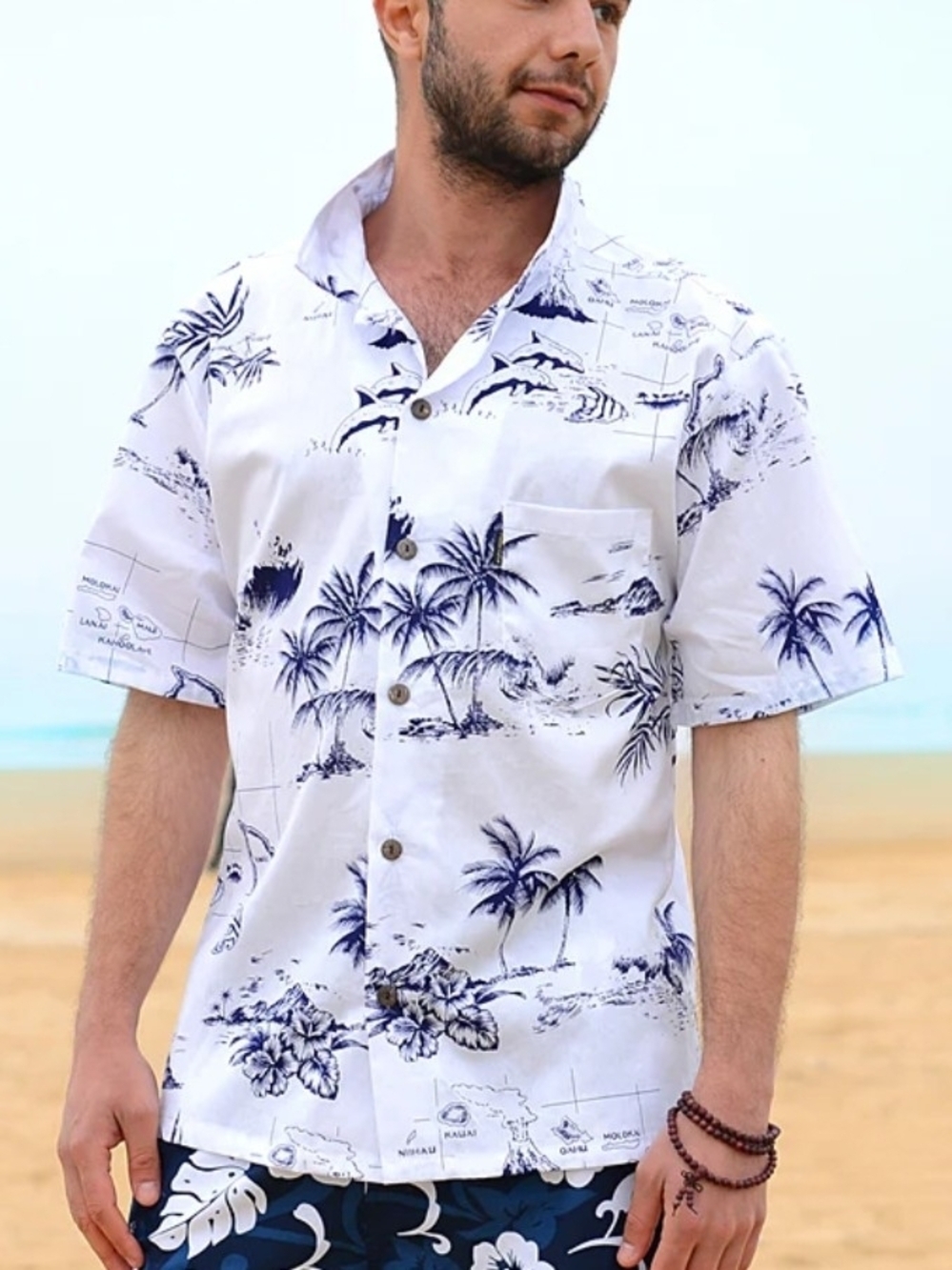 Palmwave Men’s Hawaiian Shirt Size L White Black Island Map Palm Tree Print NWT